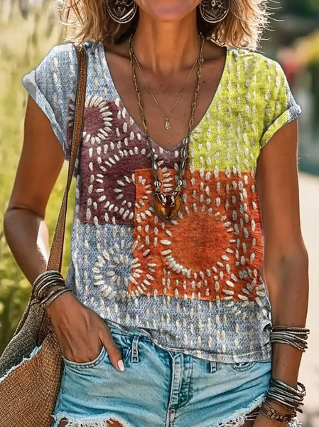 

Women's Geometric Spring Print Casual V-Neck Short Sleeve T-Shirt, As picture, T-shirts