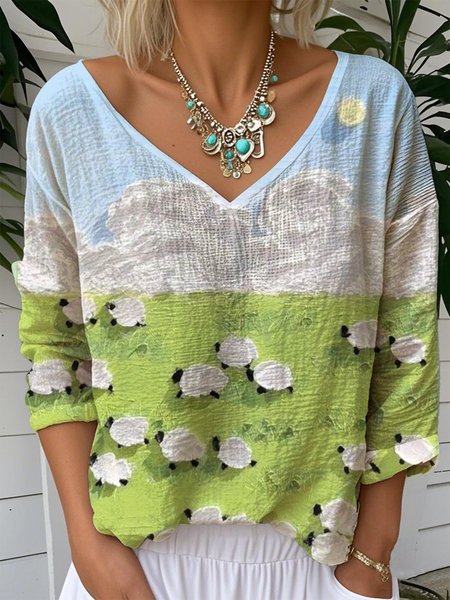 Print Casual V Neck Long Sleeve T-Shirt, Green, Long sleeves
