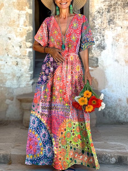 

Women Floral V Neck Short Sleeve Comfy Casual Maxi Dress, Red, Maxi