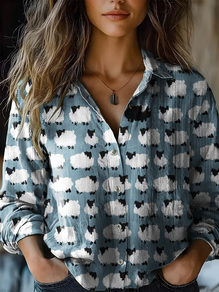 

Women's Cute Sheep Pattern Print Casual Shirt, As picture, Blouses