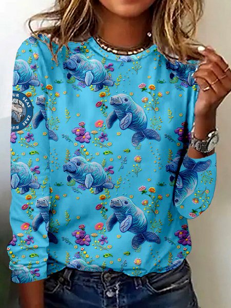 

Casual Floral Crew Neck Long Sleeve T-shirt, Aqua blue, T-shirts