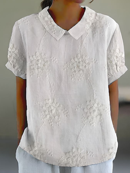 Women's Floral Print Spring Lapel Short Sleeve Shirt, White, Blouses