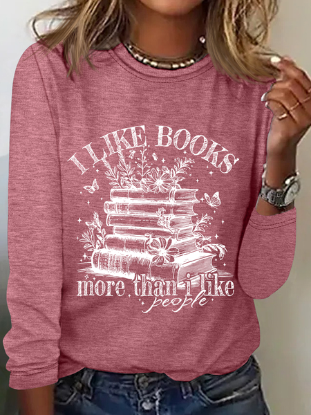 

I Like Books More Than I Like People Boho Floral Book Lover Casual Long Sleeve Shirt, Watermelon, Long sleeves