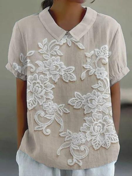 

Women's Floral Print Spring Lapel Short Sleeve Shirt, Apricot, Blouses