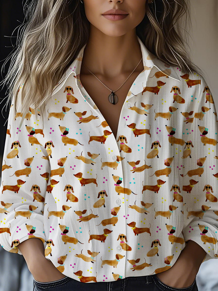 Women's Cute Dog Watercolor Print Casual Shirt, White, Blouses