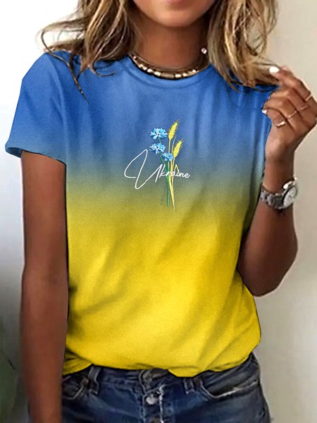 

Casual Floral Crew Neck Short Sleeve T-shirt, Blue, T-shirts