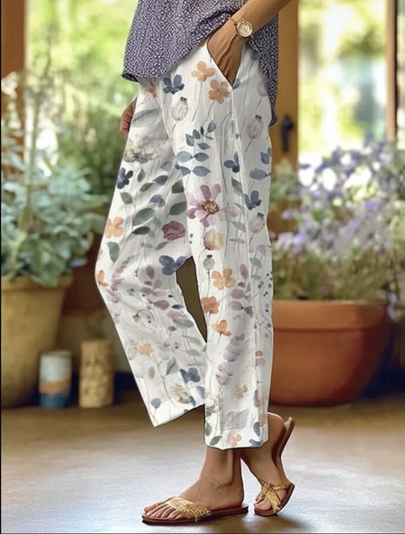 

Women Floral Long Pant Casual Spring/Fall Trousers, White, Pants