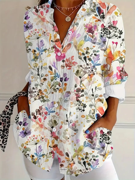 

Women Floral Long Sleeve Shirt Spring/Fall Buckle Shirt Collar Daily Casual Top, White, Shirts