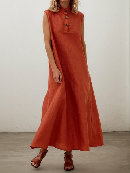 

Vacation Plain Stand Collar linen-cotton Maxi Dress, Brick red, Maxi Dresses