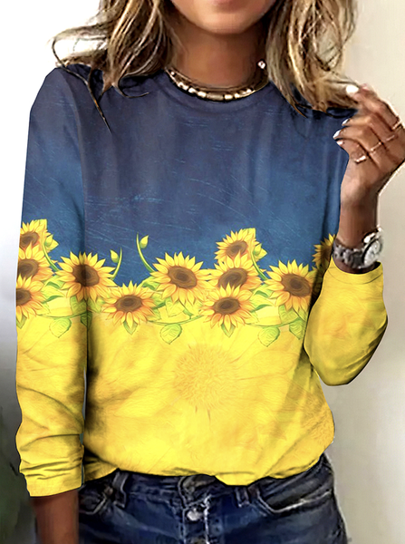 

Women Floral Long Sleeve Tee T-shirt Crew Neck Casual Spring/Fall Top, Blue, T-Shirts