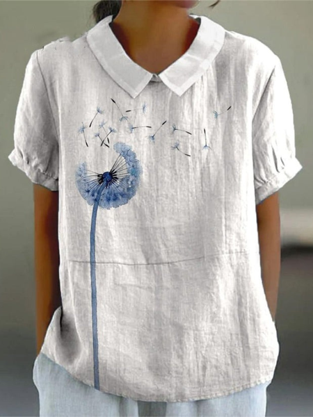

Shawl Collar Half Sleeve Plants Regular Loose Blouse For Women, White, Blouses