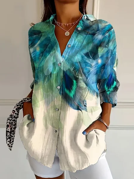 

Women's Long Sleeve Shirt Spring/Fall As Picture Feather Buckle Shirt Collar Daily Going Out Casual Top, Blouses