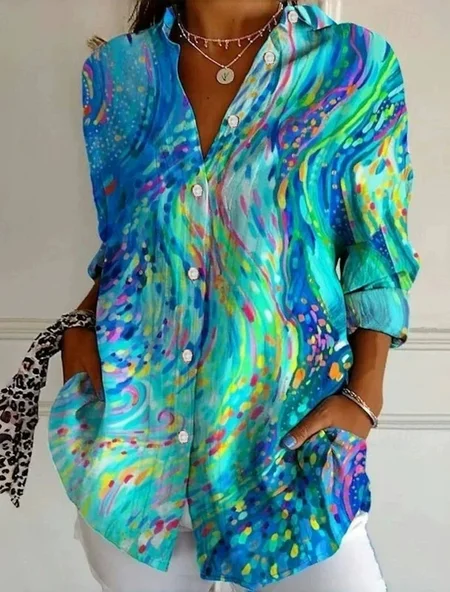 

Women Casual Abstract Vacation Blouse, Blue, Blouses