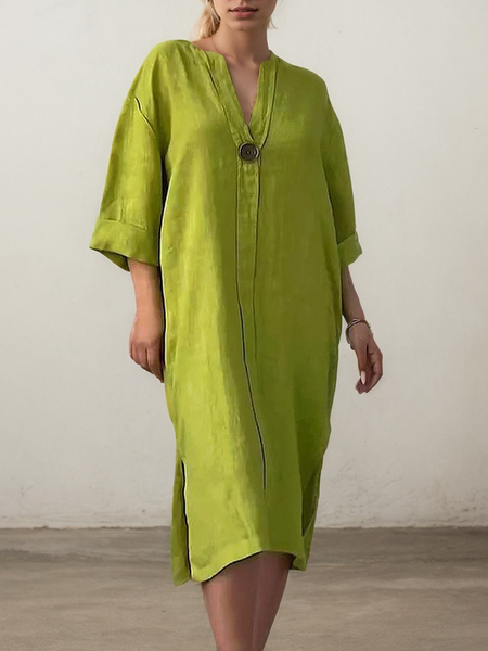Casual Plain linen-cotton Crew Neck Knee Length Dress, Green, Maxi Dresses