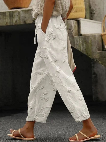 

Women's Floral Print Spring Casual Pants, Off white, Pants