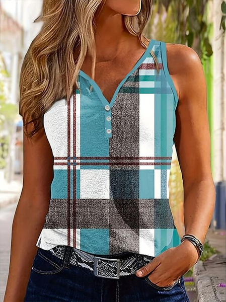 

Women Sleeveless Tank Top Camisole Summer Plaid Printing V Neck Daily Casual Top, As picture, Tanks & Camis
