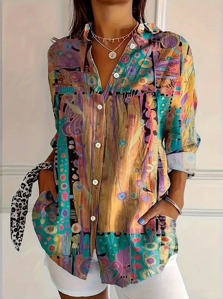 

Women's Long Sleeve Shirt Spring/Fall As Picture Abstract Buckle Shirt Collar Daily Going Out Casual Top, Blouses