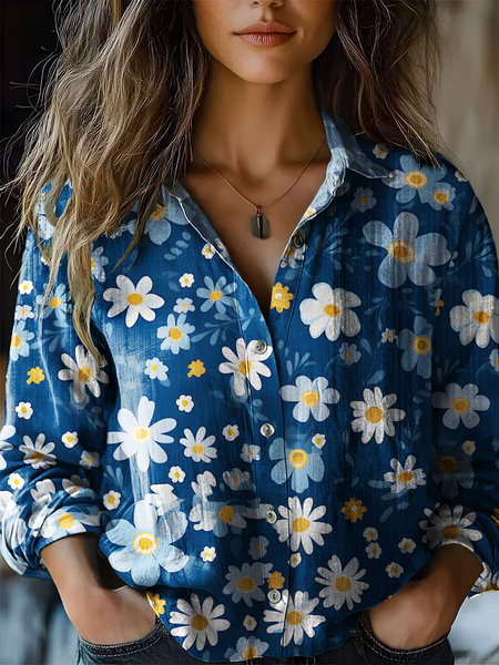 Women's Art Floral Print Casual Shirt, As picture, Blouses