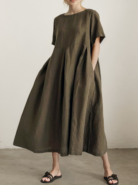 

Casual Plain Crew Neck linen-cotton Midi Dress, Army green, Maxi Dresses