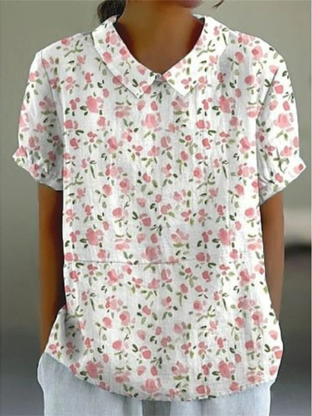 Shawl Collar Half Sleeve Floral Regular Loose Blouse For Women, As picture, Blouses