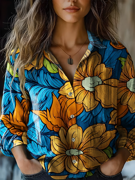 

Women's Art Floral Print Casual Shirt, As picture, Blouses