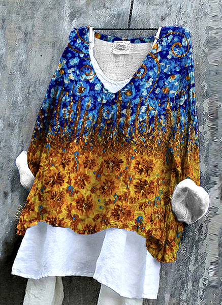 

Casual Floral V Neck Long Sleeve T-shirt, Blue, T-shirts