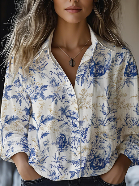 

Women's Art Floral Print Casual Shirt, White, Blouses