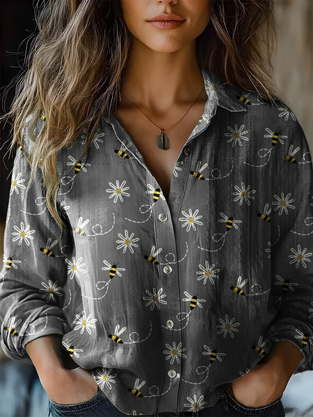 

Women's Floral Bee Art Print Casual Shirt, Deep gray, Blouses