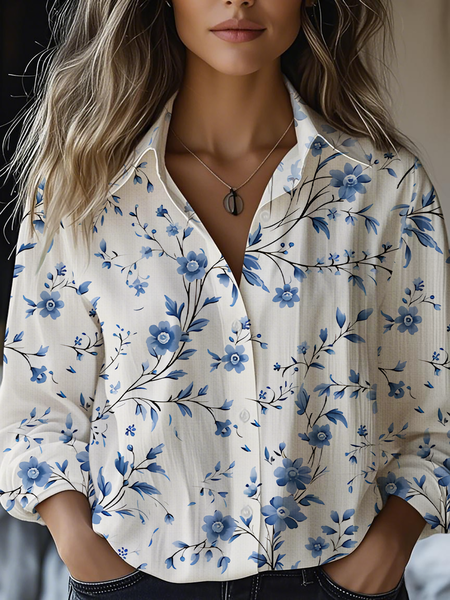 

Women's Art Floral Print Casual Shirt, White, Blouses