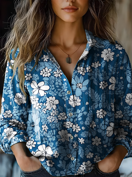 

Women's Art Floral Print Casual Shirt, As picture, Blouses