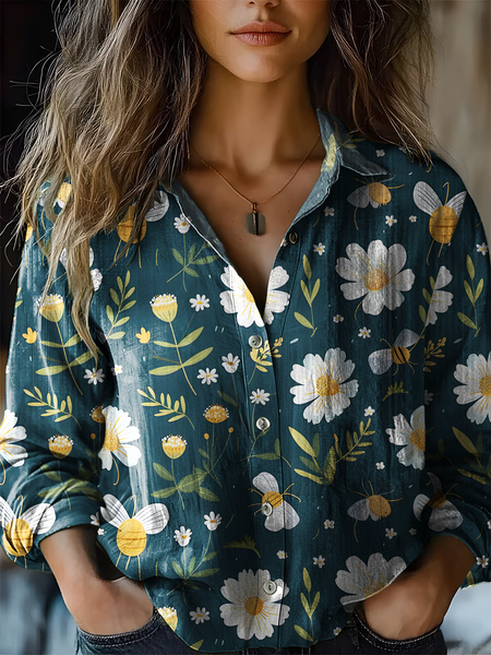 

Women's Art Floral Print Casual Shirt, As picture, Blouses