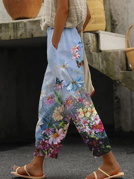 Women Floral Long Pant Casual Spring/Fall Trousers, As picture, Pants