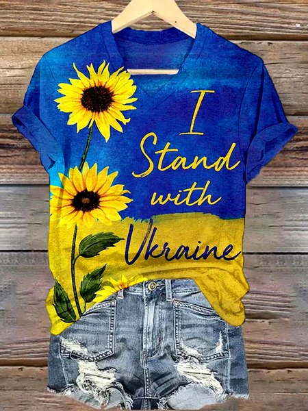 

Casual Floral V Neck Short Sleeve T-shirt, Blue, T-shirts