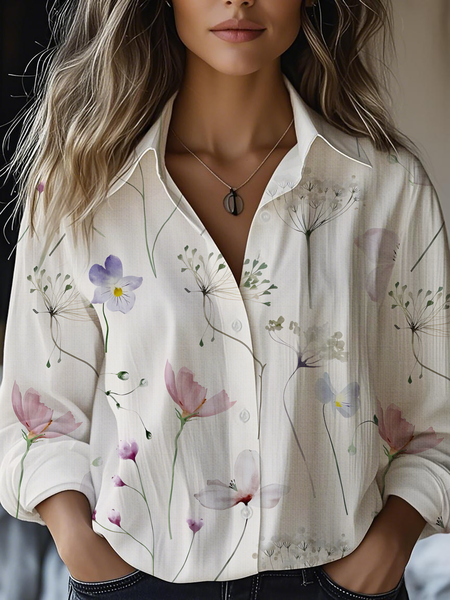 

Women's Art Floral Print Casual Shirt, Apricot, Blouses