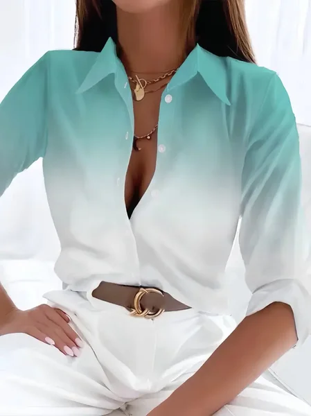 

Women Ombre Long Sleeve Shirt Spring/Fall Printing Shirt Collar Daily Casual Top, Green, Shirts