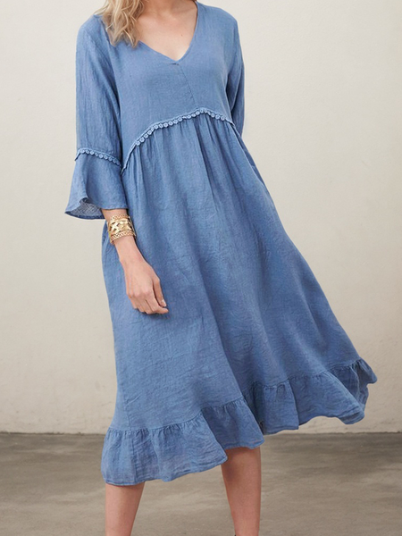 Casual Plain V Neck linen-cotton Midi Dress, Blue, Maxi Dresses