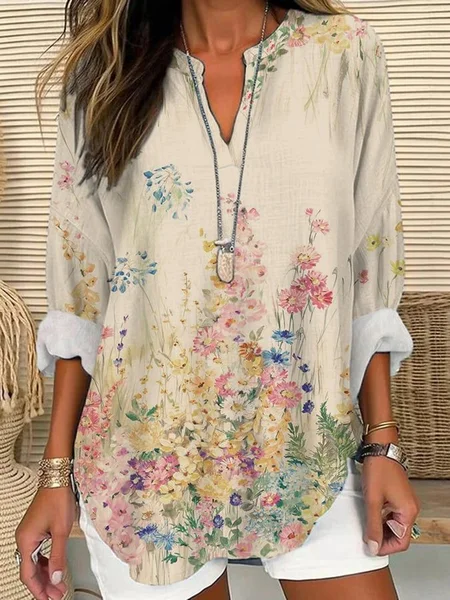 

Women's Floral Print Spring V-Neck Casual Shirt, As picture, Blouses & Shirts