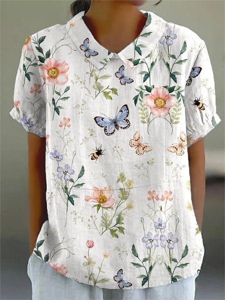 

Elegant Shawl Collar Animal Cotton Blouse, As picture, Blouses & Shirts