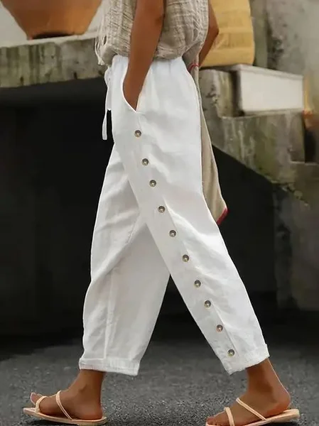Casual Plain Long Printing Comfy Pants, White, Pants