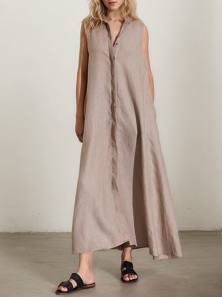 Casual Plain linen-cotton Shirt Collar Maxi Dress, As picture, Maxi Dresses