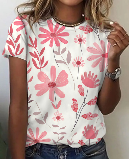 

Women's Art Floral Print Cotton T-Shirt, As picture, T-shirts