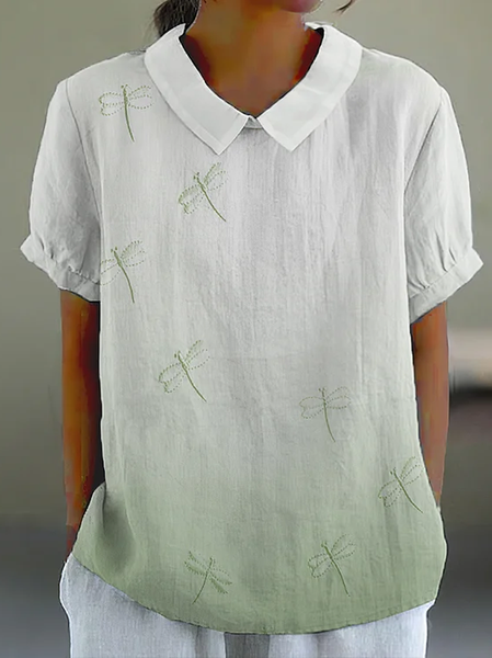 

Women's Dragonfly Print Spring Lapel Short Sleeve Shirt, As picture, Blouses