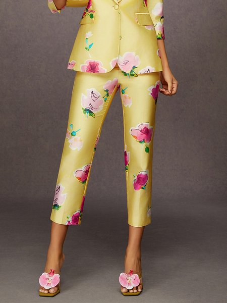 

Elegant Floral Cropped Fashion Pants, Yellow, Pants