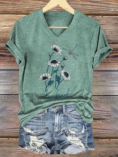 

Casual Floral V Neck T-Shirt, As picture, T-shirts