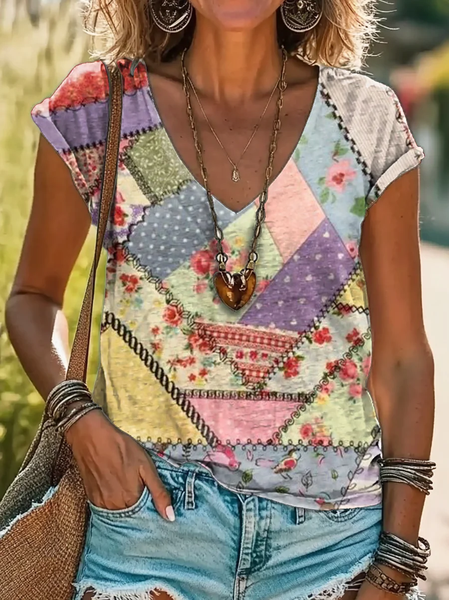 Casual Geometric V Neck Short Sleeve T-shirt, As picture, T-shirts
