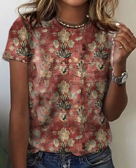 

Women Ethnic Short Sleeve Tee T-shirt Crew Neck Casual Summer Top, As picture, T-Shirts