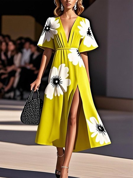 

Vacation Floral Printing V Neck Midi Dress, Yellow, Midi Dresses
