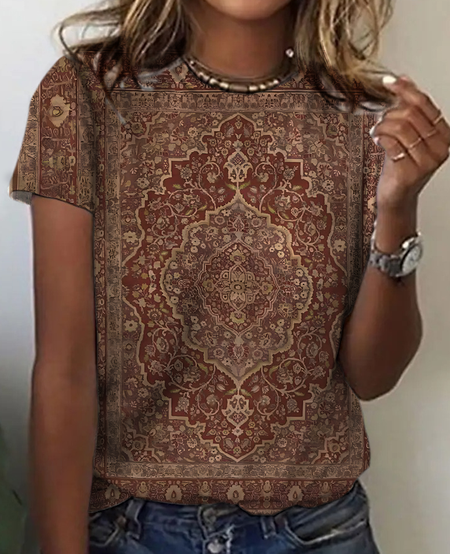 

Women's Vintage Bohemian Floral Print Cotton T-Shirt, As picture, T-shirts