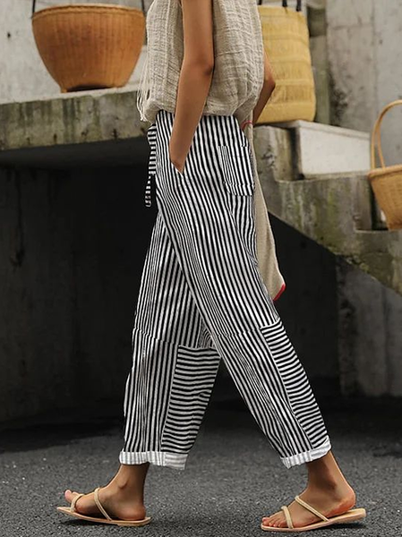 

Women's Striped Print Spring Casual Pants, Black, Pants