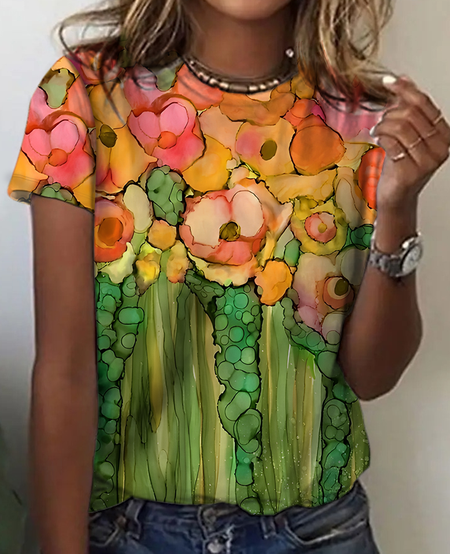 

Women's Artistic Floral Illustration Print Cotton T-Shirt, As picture, T-shirts